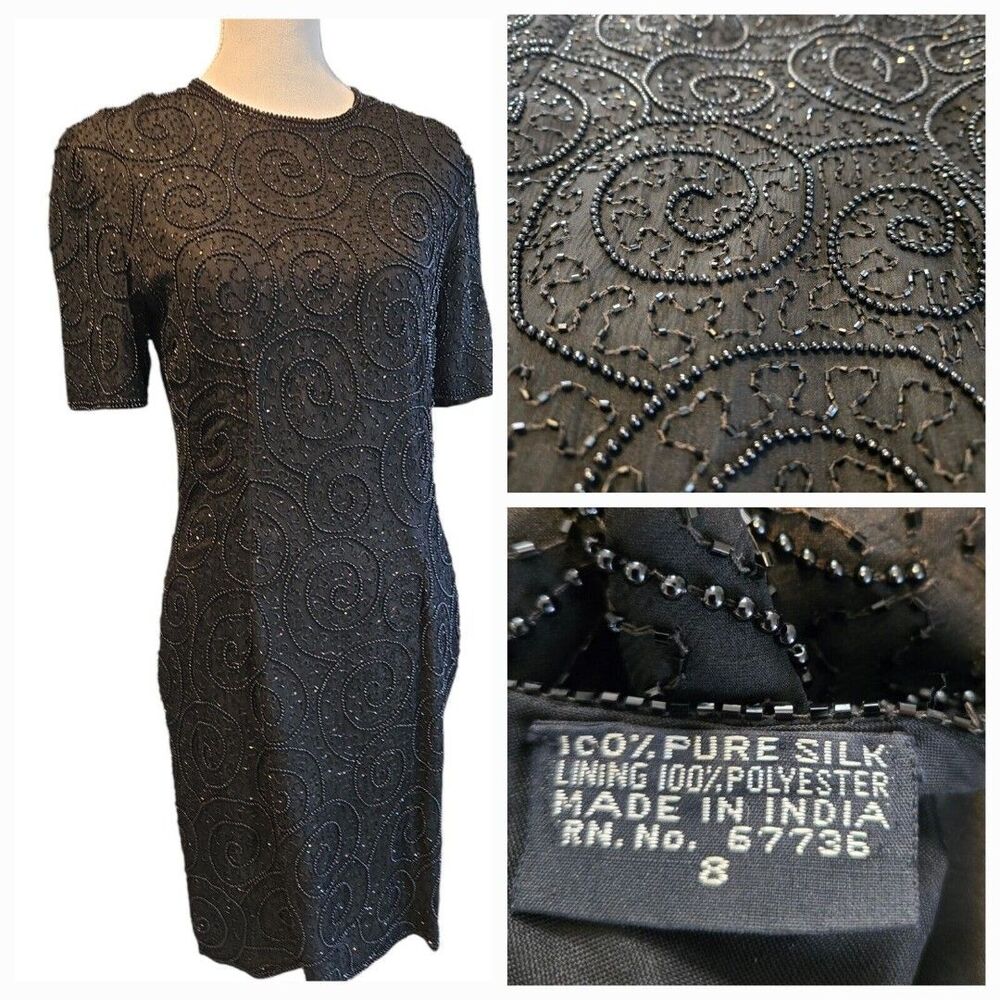 Vintage Jewel Queen 100% Pure Silk Beaded Dress Black Hand Embroidered SZ 8